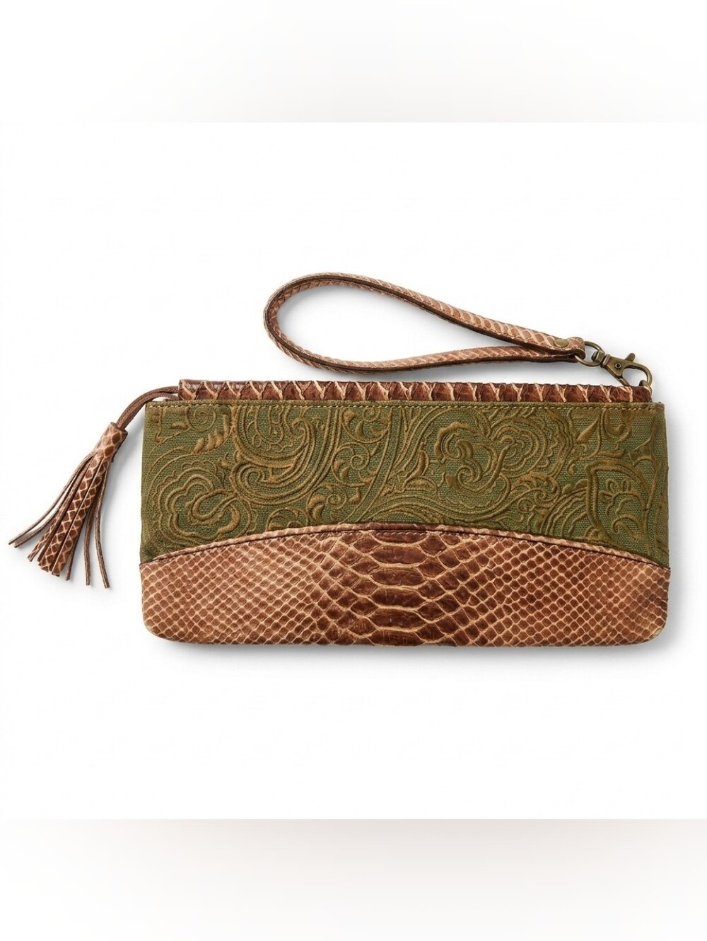 Hype Brown and Green Textured Leather Vintage Clutch
